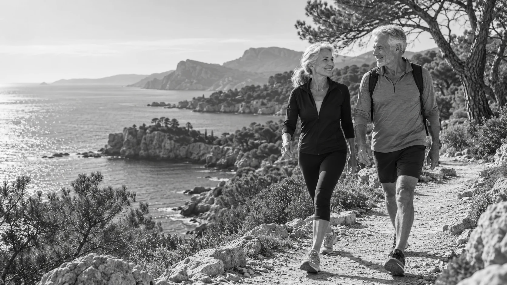 Generated editorial image of an older woman and man walking energetically on a coastal trail.