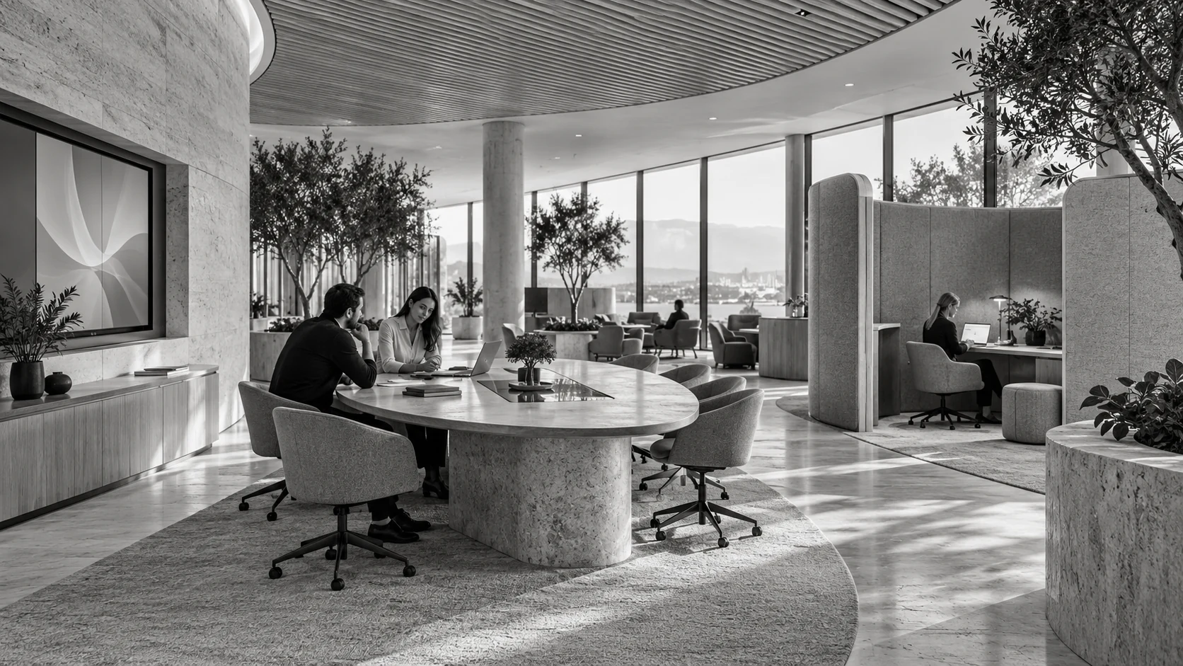 Conceptual image of a near-future office with modular spaces, natural materials and integrated screens.
