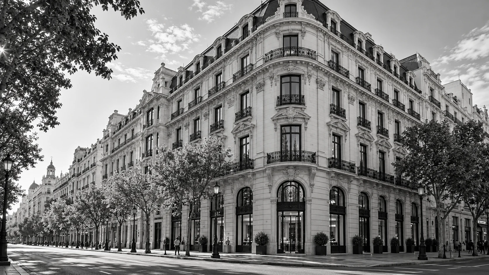 Generated editorial image of a hotel facade and monumental architecture inspired by Madrid.